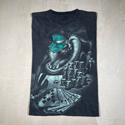 1990s Taz Poker Washed Black tee Size Large USED v19104