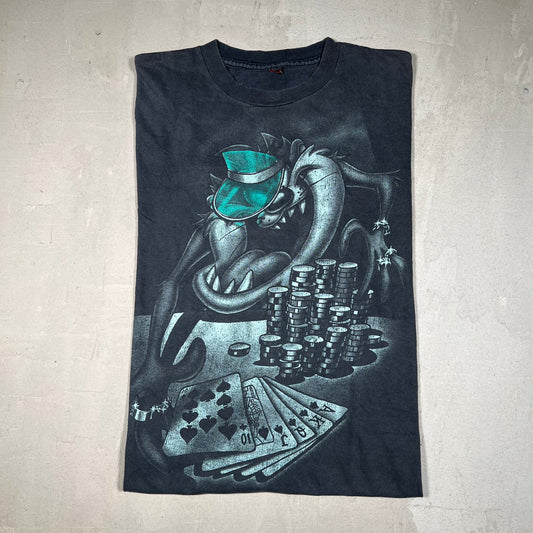 1990s Taz Poker Washed Black tee Size Large USED v19104