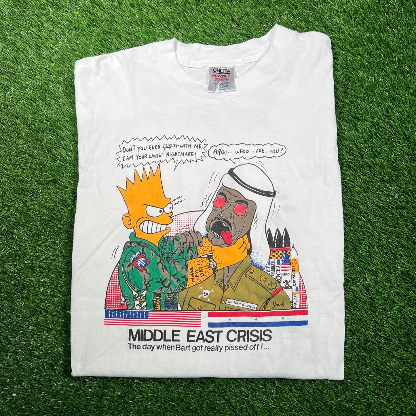 1990s Bart Simpson Saddam Hussein Cartoon White Tee Size XL USED v18690
