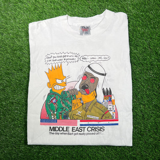 1990s Bart Simpson Saddam Hussein Cartoon White Tee Size XL USED v18690