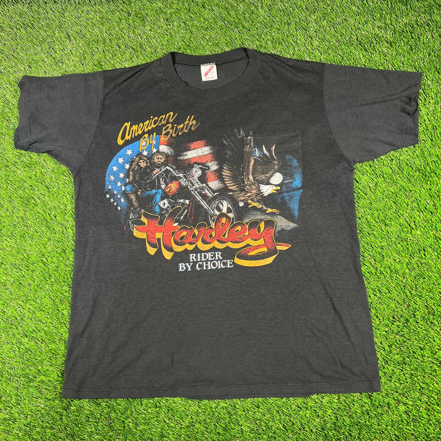 1990s Harley Davidson American By Birth Black Pocket Tee Size Large USED v16793