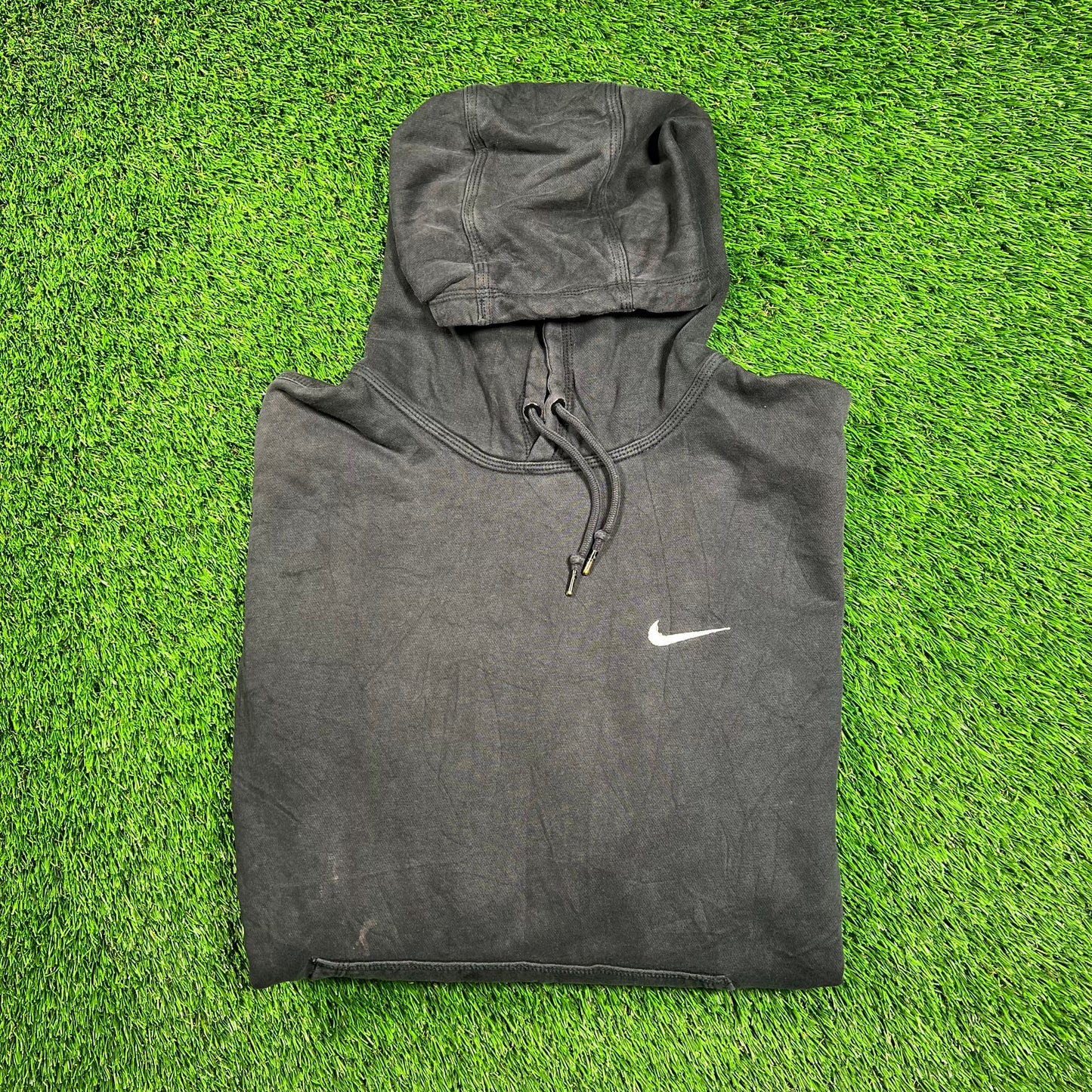 Y2K Nike White Swoosh Washed Black Hoodie Size XL USED v18585