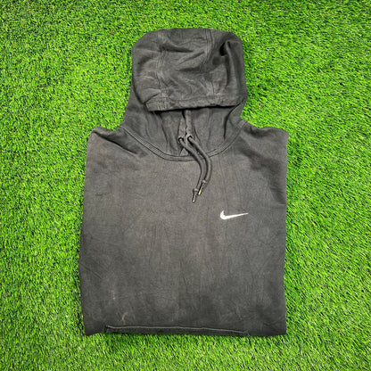 Y2K Nike White Swoosh Washed Black Hoodie Size XL USED v18585