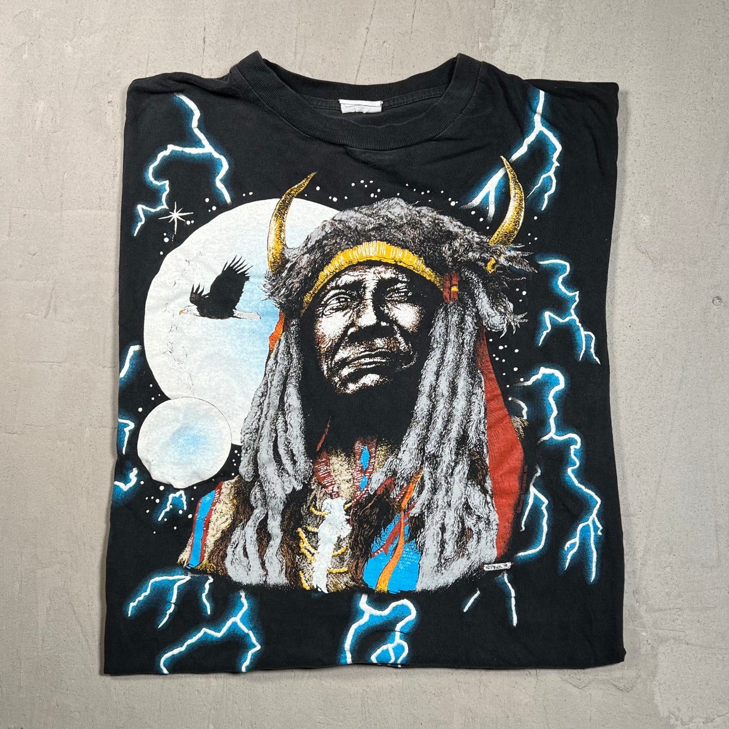 1990s American Thunder Native American Black Tee Size Large USED v17692