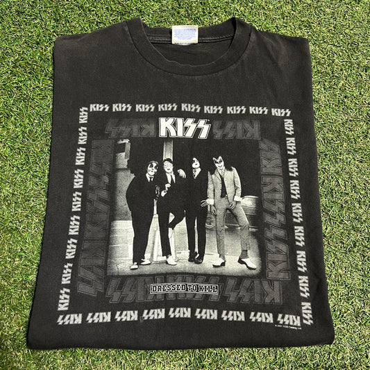 2001 Kiss Dressed to Kill Black Band Tee Size XL USED v16324