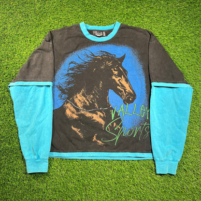 Vale Horse Blue Longsleeve Black Tee Size Medium USED x16300