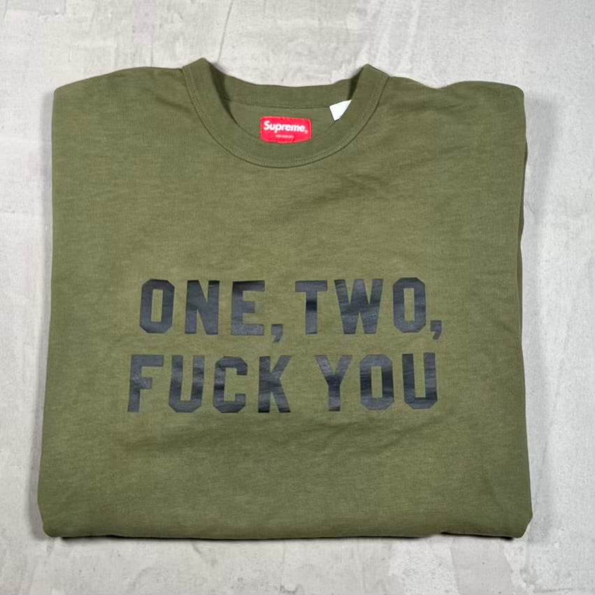 Supreme One Two Fuck You Olive Green Tee (2023) Size Large USED x18752