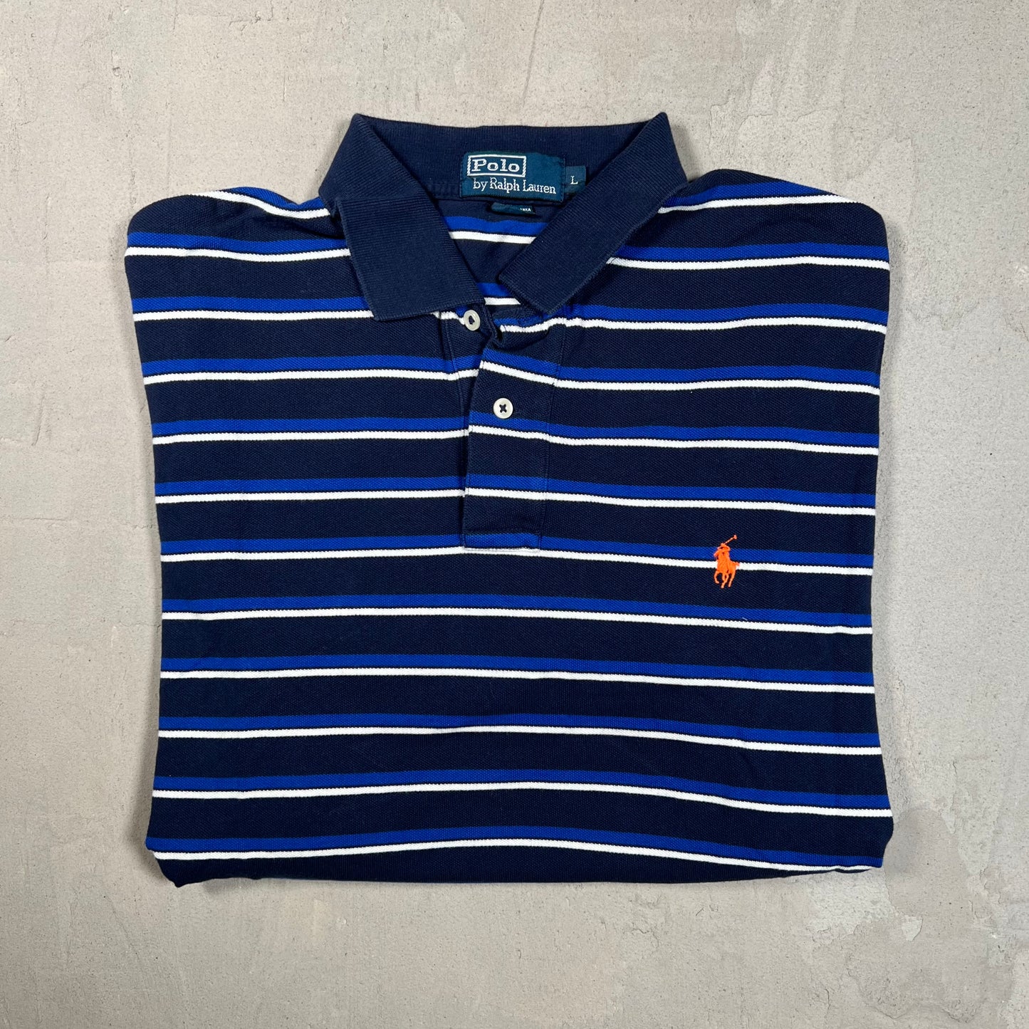 Y2K Polo Ralph Lauren Navy Striped Short Sleeve Polo Size Large USED v19353