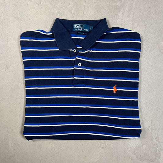 Y2K Polo Ralph Lauren Navy Striped Short Sleeve Polo Size Large USED v19353