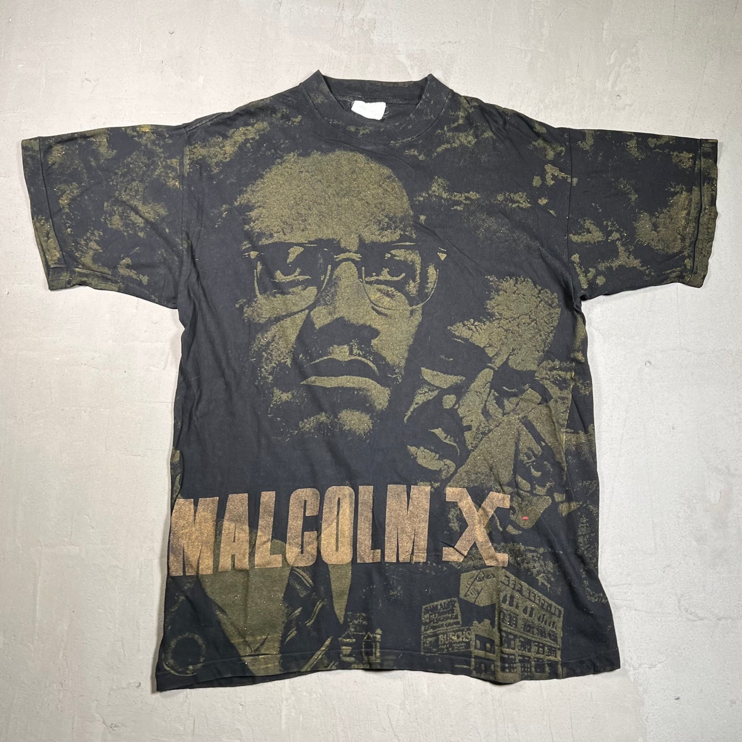1990s Malcom X Glitter AOP Black Tee Size XL USED v13777