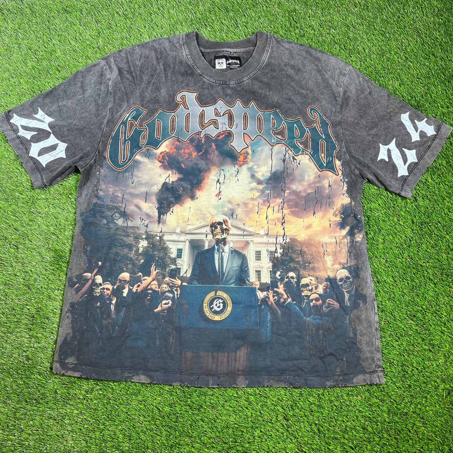 Godspeed Skull President Press Conference Black Tee Size Large USED x14290