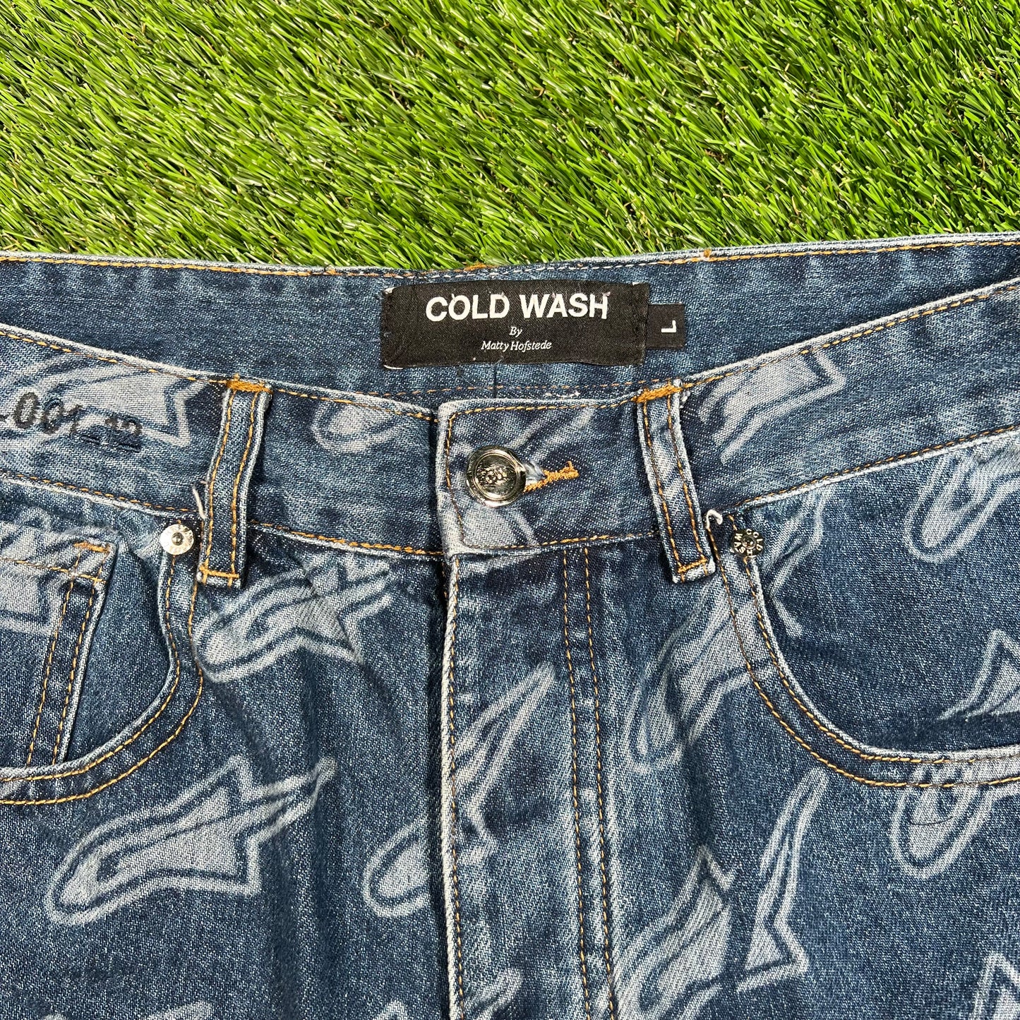 Cold Wash By Matty Stwd AOP Denim Blue Jeans Size Large USED x14461