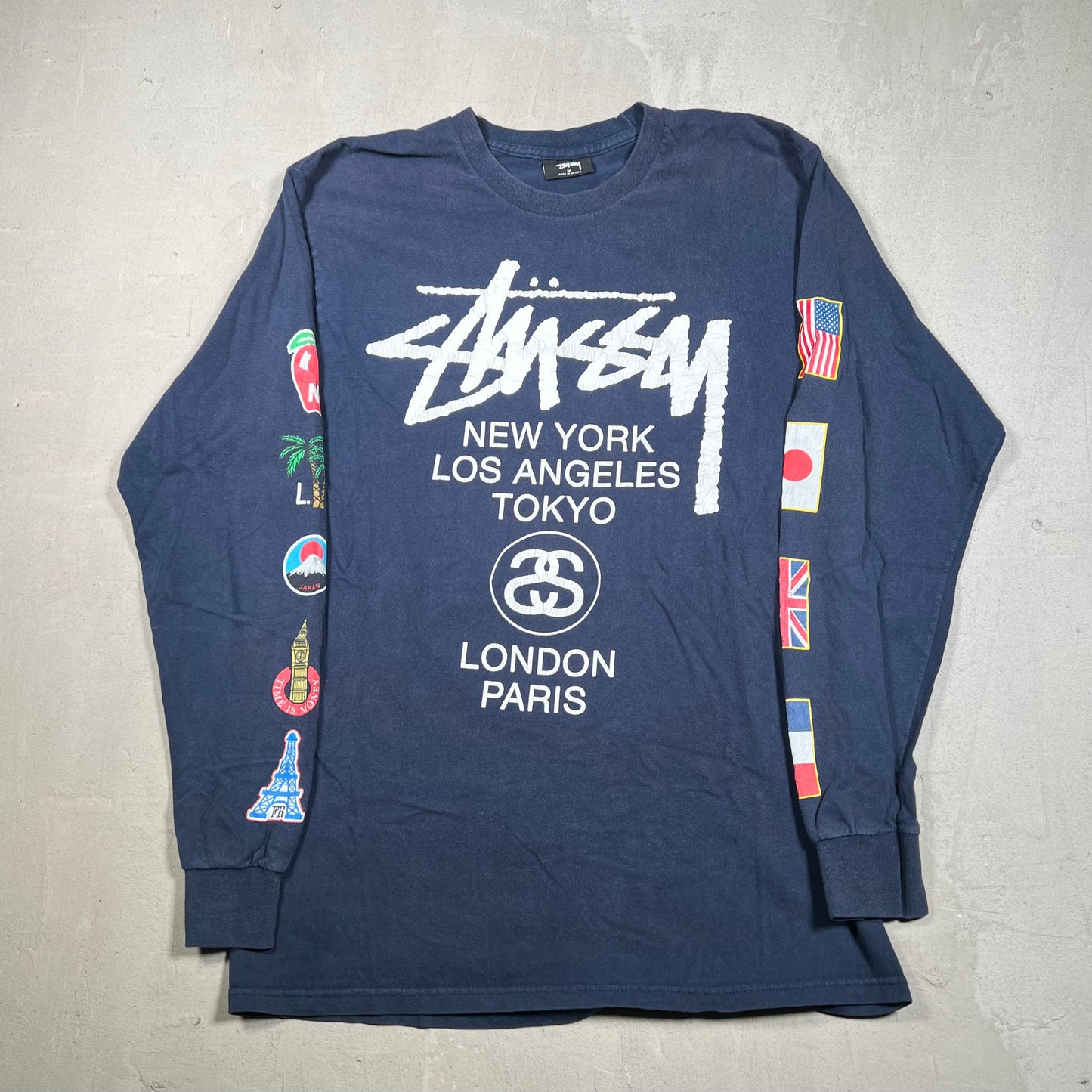Y2K Stussy Navy World Tour Longsleeve Size Medium USED x17394