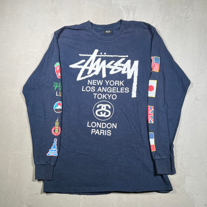 Y2K Stussy Navy World Tour Longsleeve Size Medium USED x17394