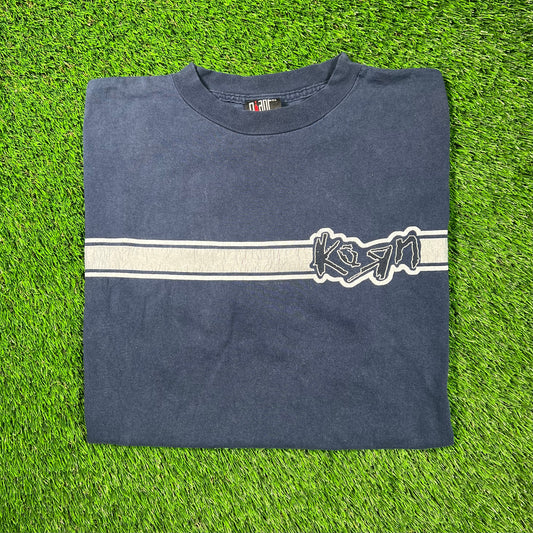 1990s Korn Wrap Around Navy Blue Tee Size XL USED v18615