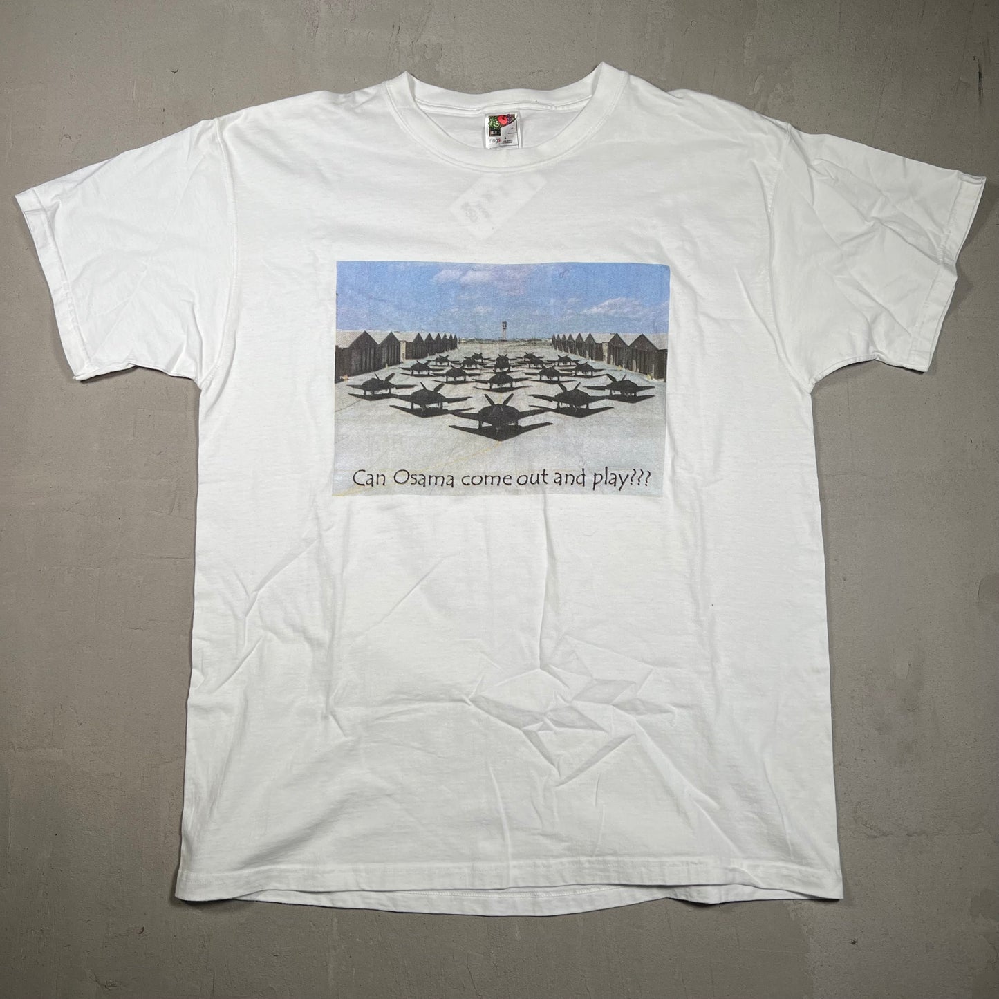 Y2K Osama Come Out And Play Fighter Jets White Tee Size XL USED v16748