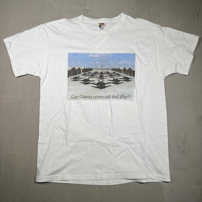 Y2K Osama Come Out And Play Fighter Jets White Tee Size XL USED v16748