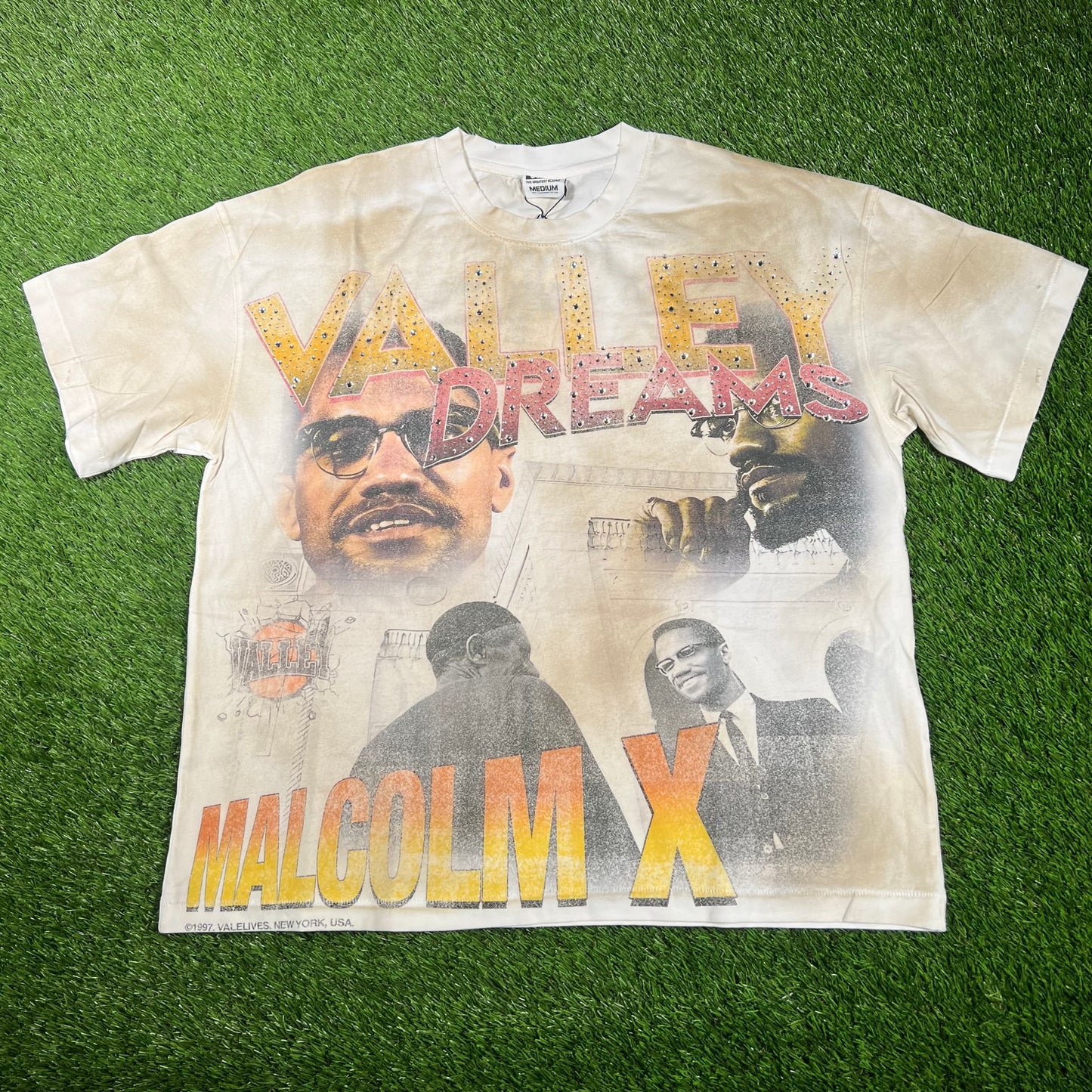 Vale Malcom X Rhinestone Cream Tee Size Medium NEW x15140