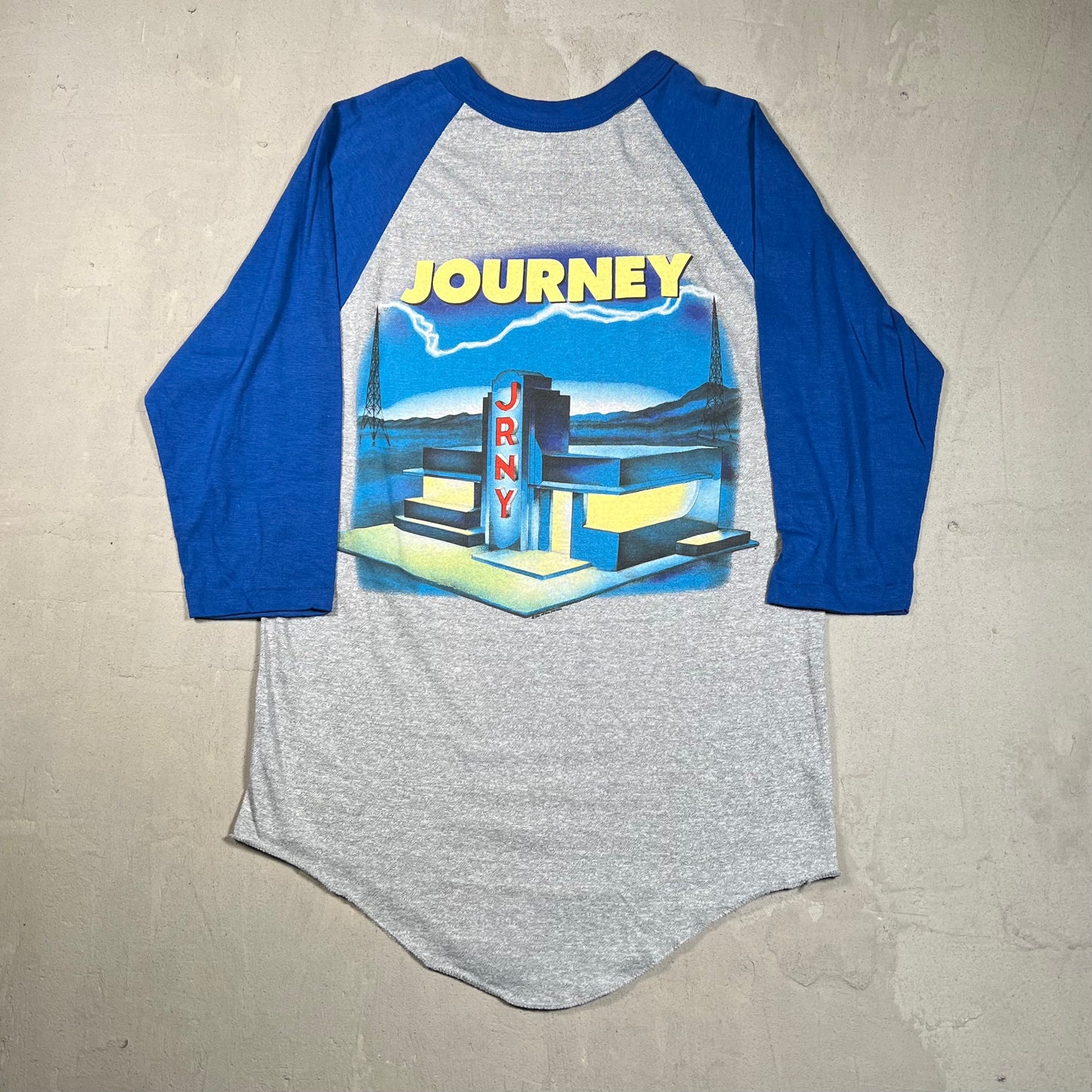 1986 Journey Raised On Radio Tour Grey/Blue Baseball Tee Size Medium USED v16627