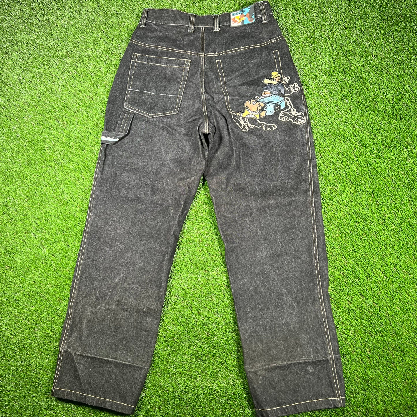Y2K Raw Blue Embroidered Patch Black Jeans Size 32x33 USED v17022