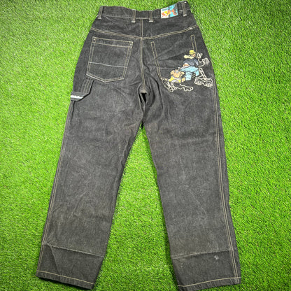 Y2K Raw Blue Embroidered Patch Black Jeans Size 32x33 USED v17022
