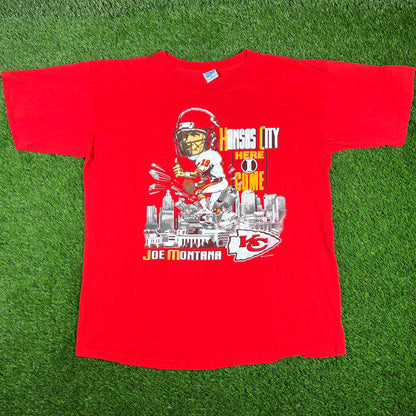 1993 Joe Montana Chiefs Here I Come Salem Tag Red Tee Size XL USED v16754