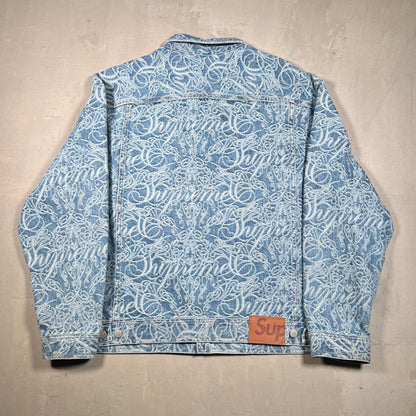 Supreme Script Jacquard Denim Washed Blue Trucker Jacket (2022) Size XL USED x17055