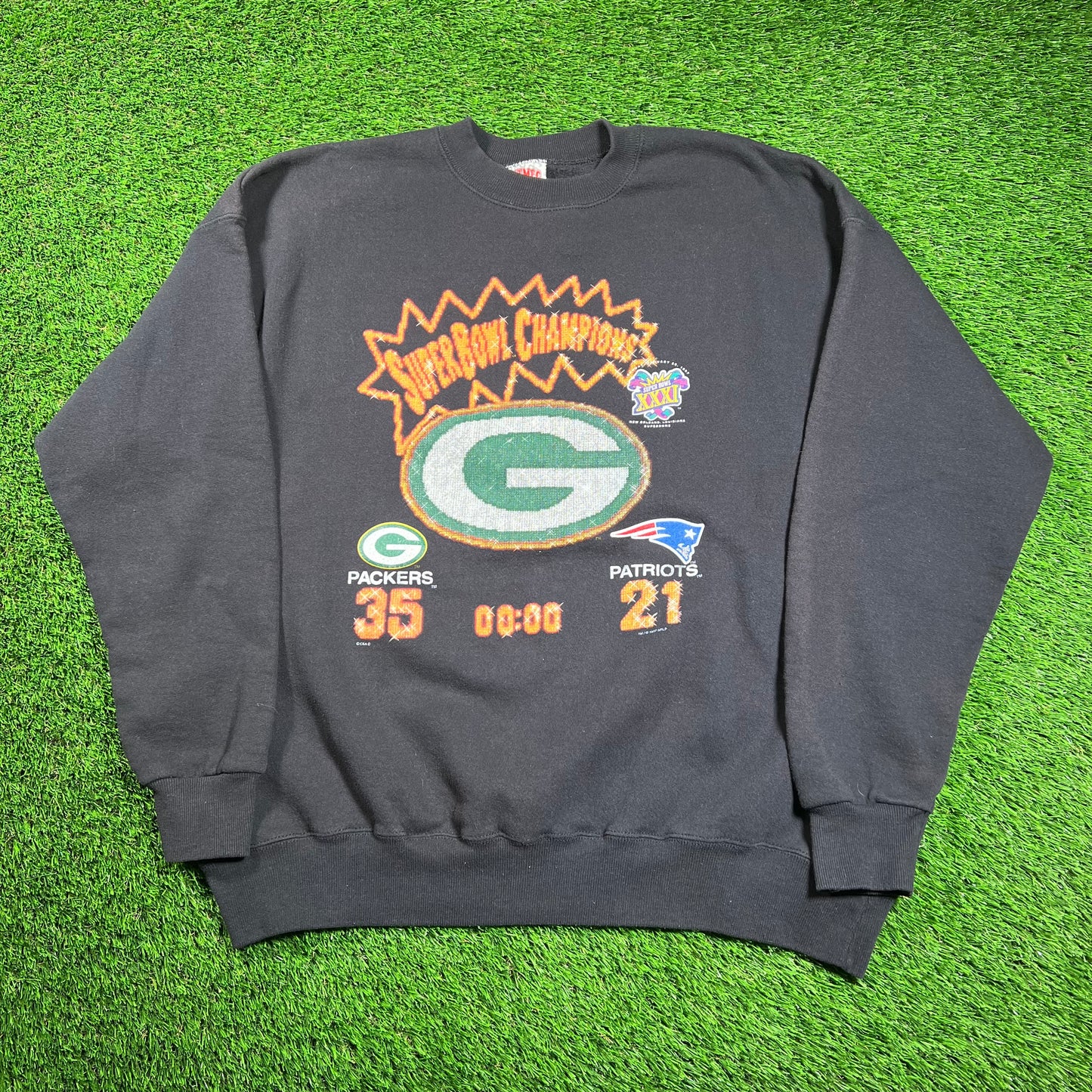 1997 Super Bowl Champs Packers vs Patriots Black Crewneck Size XXL USED v18333