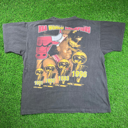 1996 "World Champions" Chicago Bulls Black Rap Tee Size XXL USED v18516
