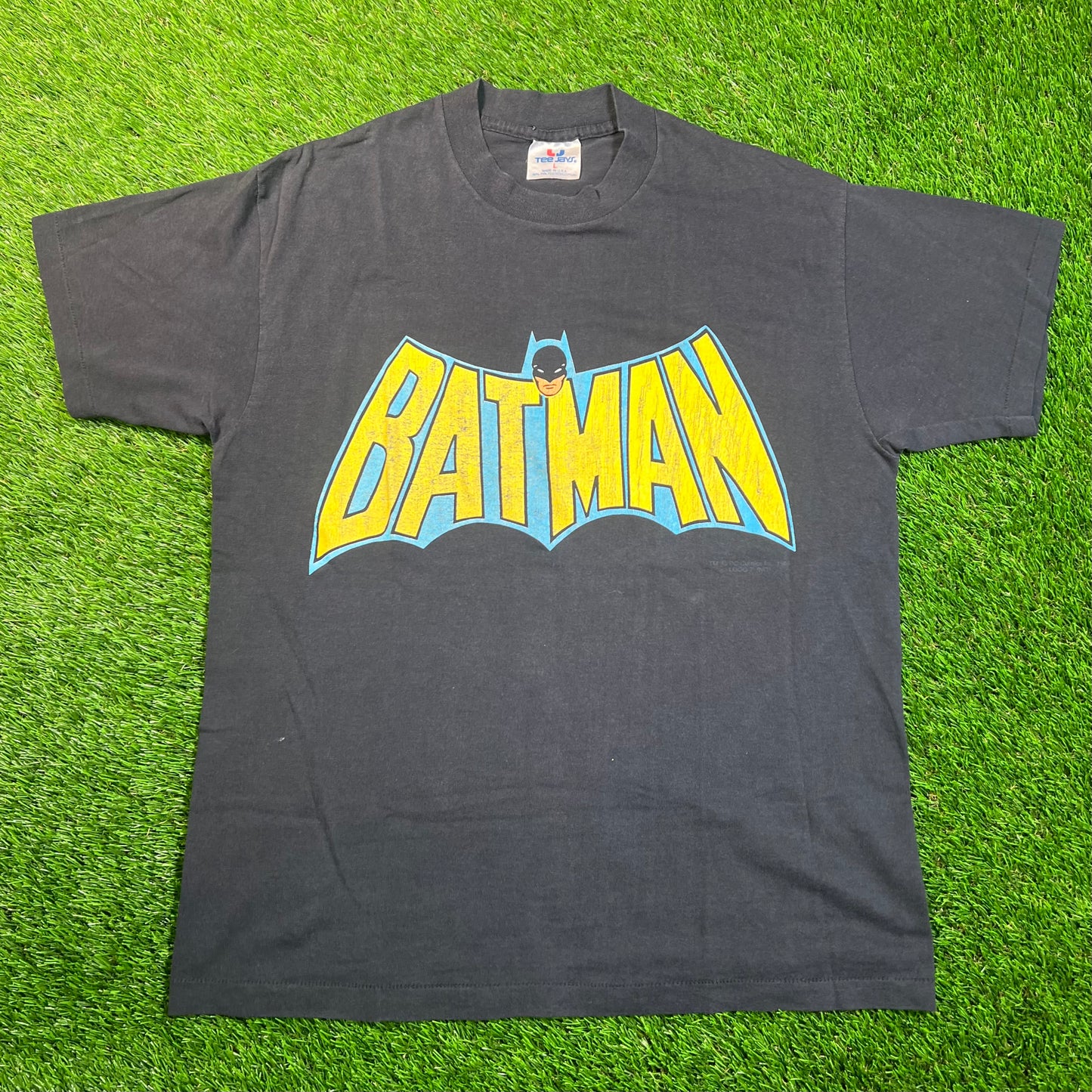 1980s Batman TV Logo Black Tee Size Large USED v18845
