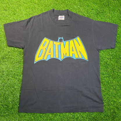 1980s Batman TV Logo Black Tee Size Large USED v18845