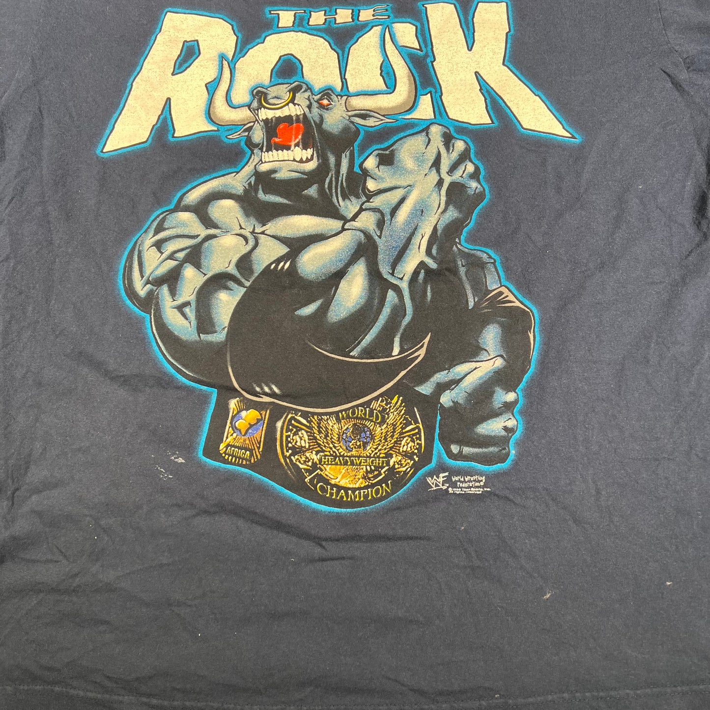 1998 The Rock WWF Bull Champ Navy Blue Tee Size 3XL USED v17937