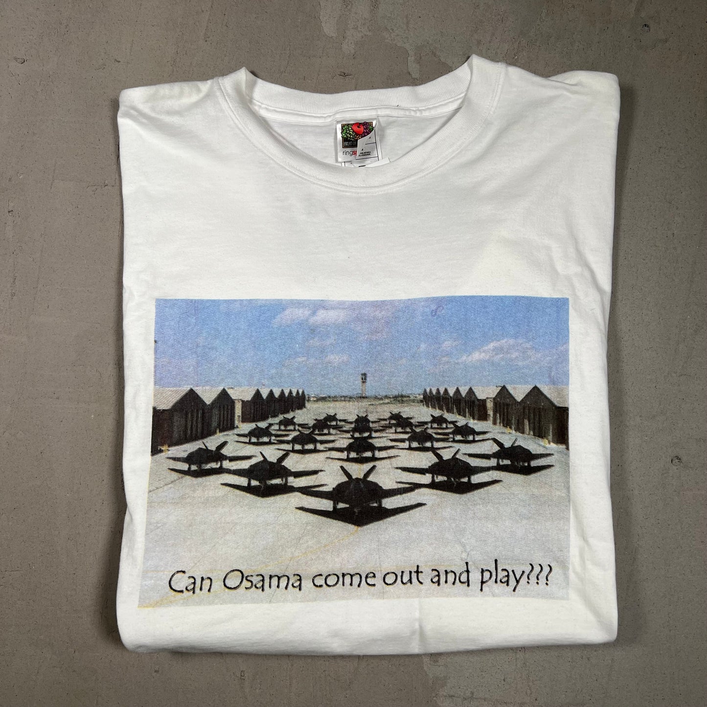 Y2K Osama Come Out And Play Fighter Jets White Tee Size XL USED v16748