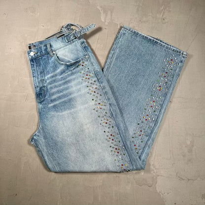 HMDD Blue Wash H Star Rhinestone Baggy Denim Jeans Size XL USED x18951