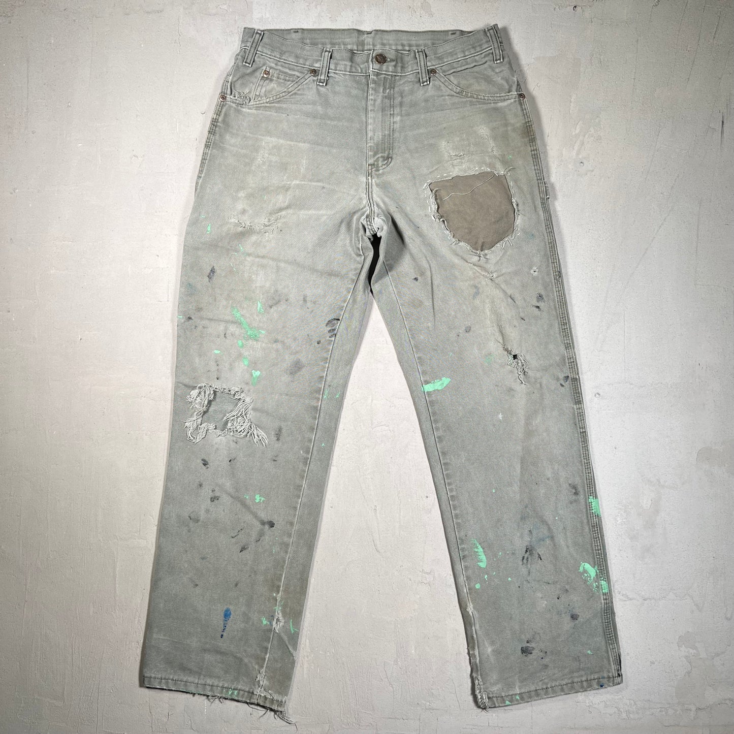 Y2K Dickies Green Workwear Patched Pants Size 32x32 USED v19553