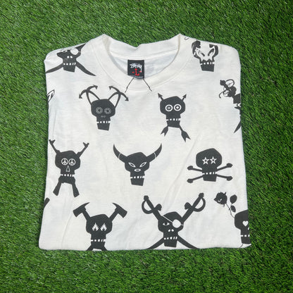 Y2K Stussy Futura Skulls AOP White Tee Size Large USED x14401