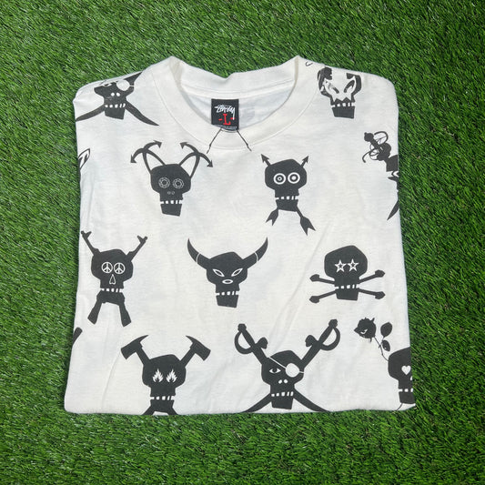 Y2K Stussy Futura Skulls AOP White Tee Size Large USED x14401