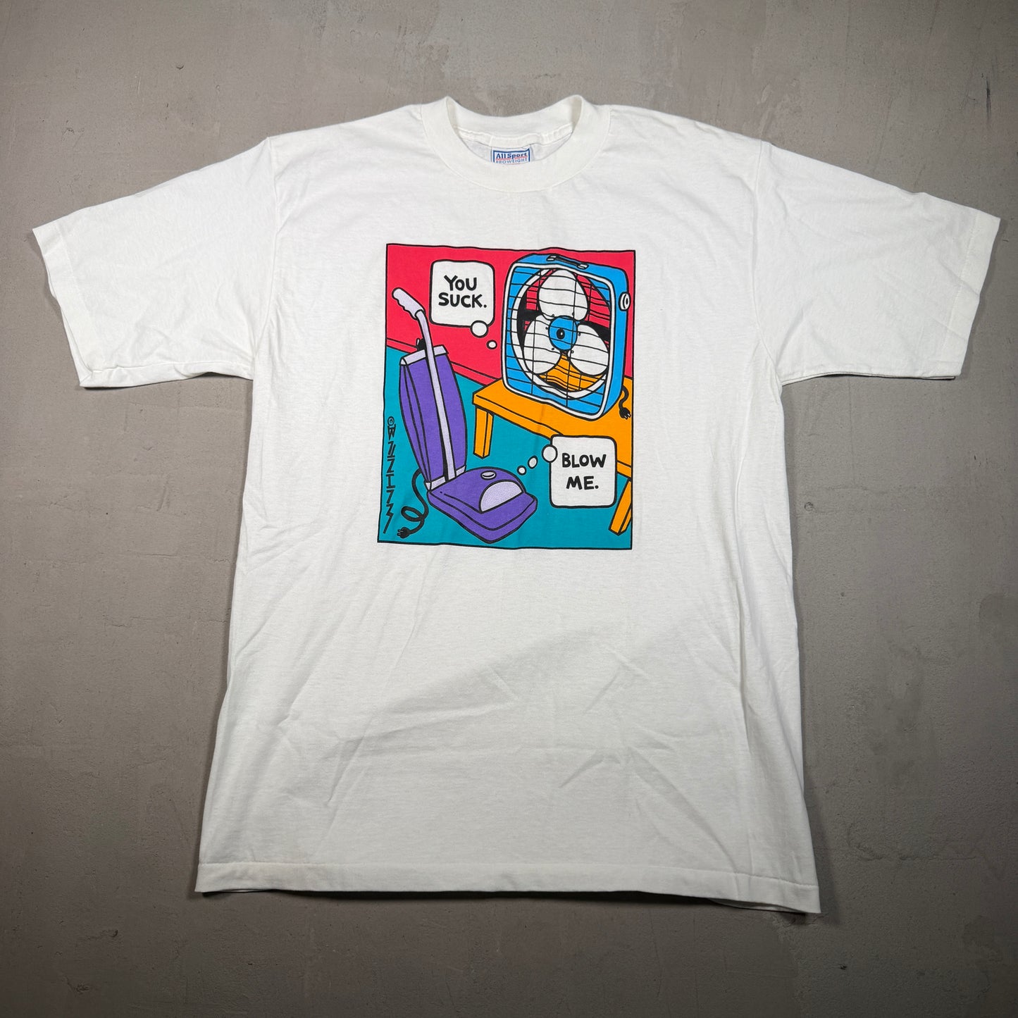 1990s You Suck Blow Me Vaccum Fan Art White Tee Size Large USED v16651