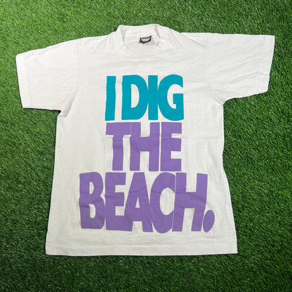 1990s "I Dig the Beach" White Tee Size Medium USED v18169