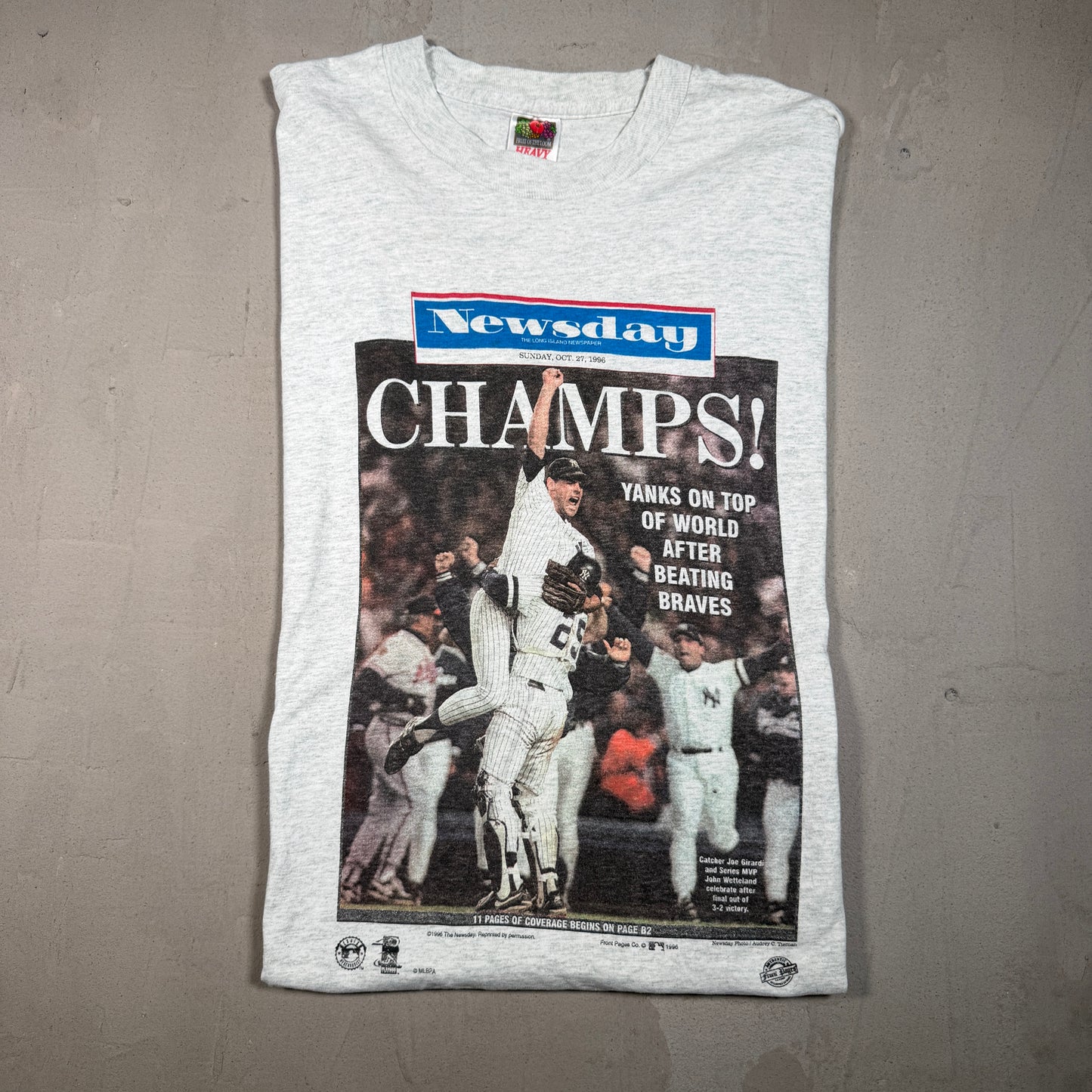 1996 Yankees Newsday Champs Grey Tee Size XL USED v16695