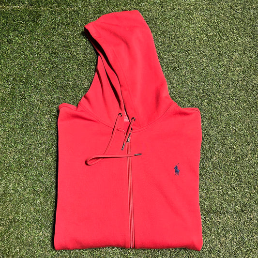 Polo Ralph Lauren Classic Red Hoodie Blue Logo Size XL USED v16330