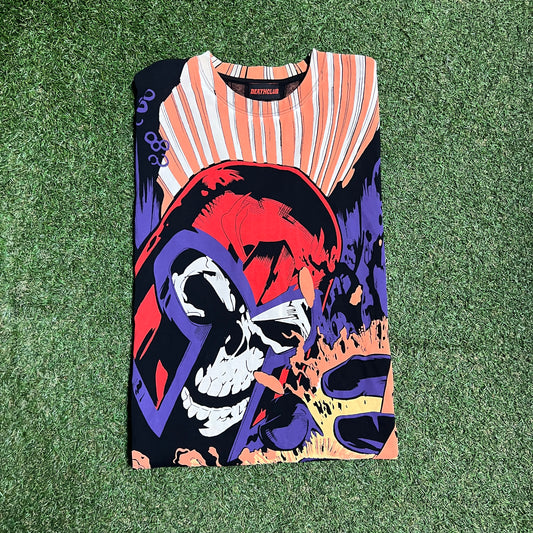 Deathclub Magneto Skull AOP Mutli Colored Tee Size Large USED v16028