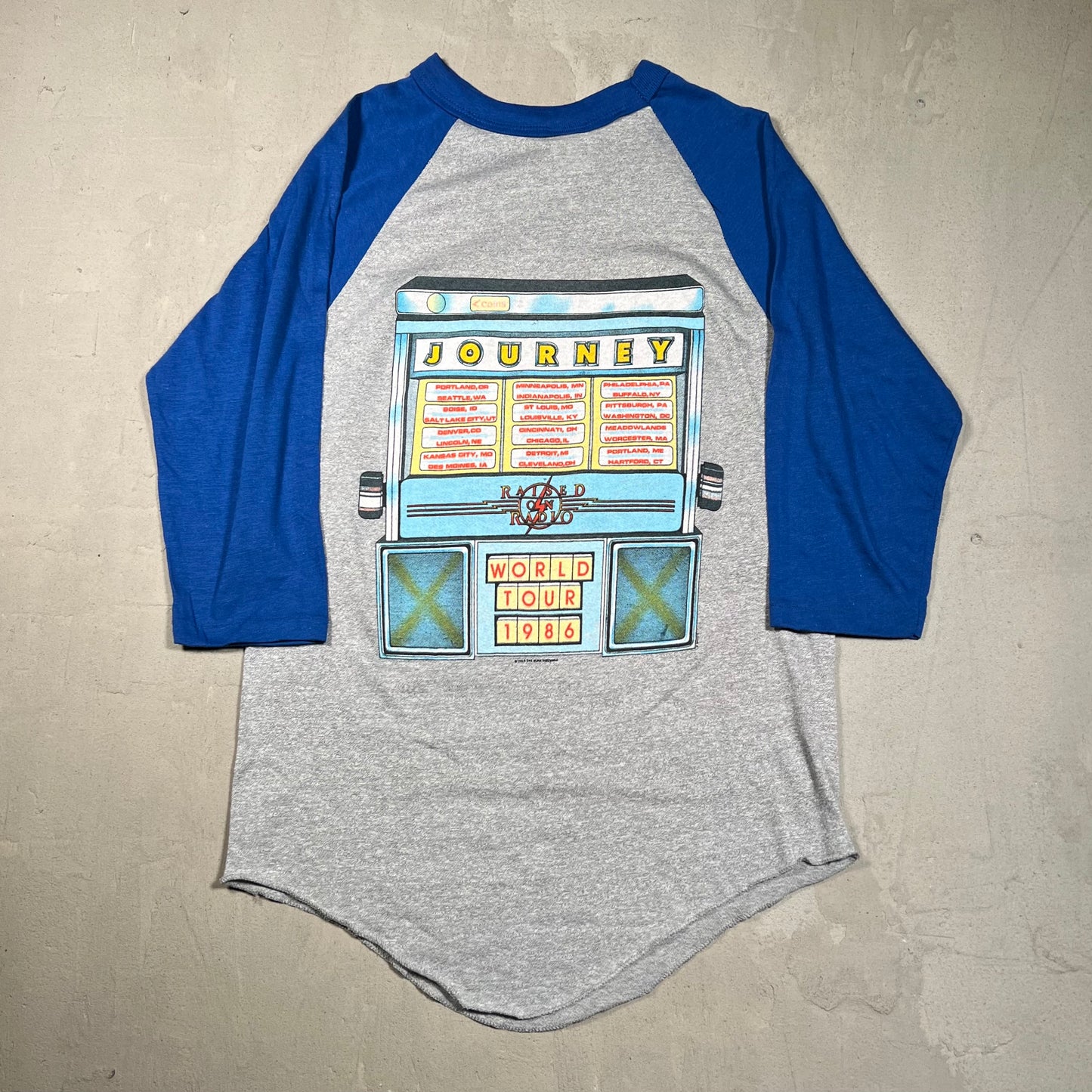 1986 Journey Raised On Radio Tour Grey/Blue Baseball Tee Size Medium USED v16627