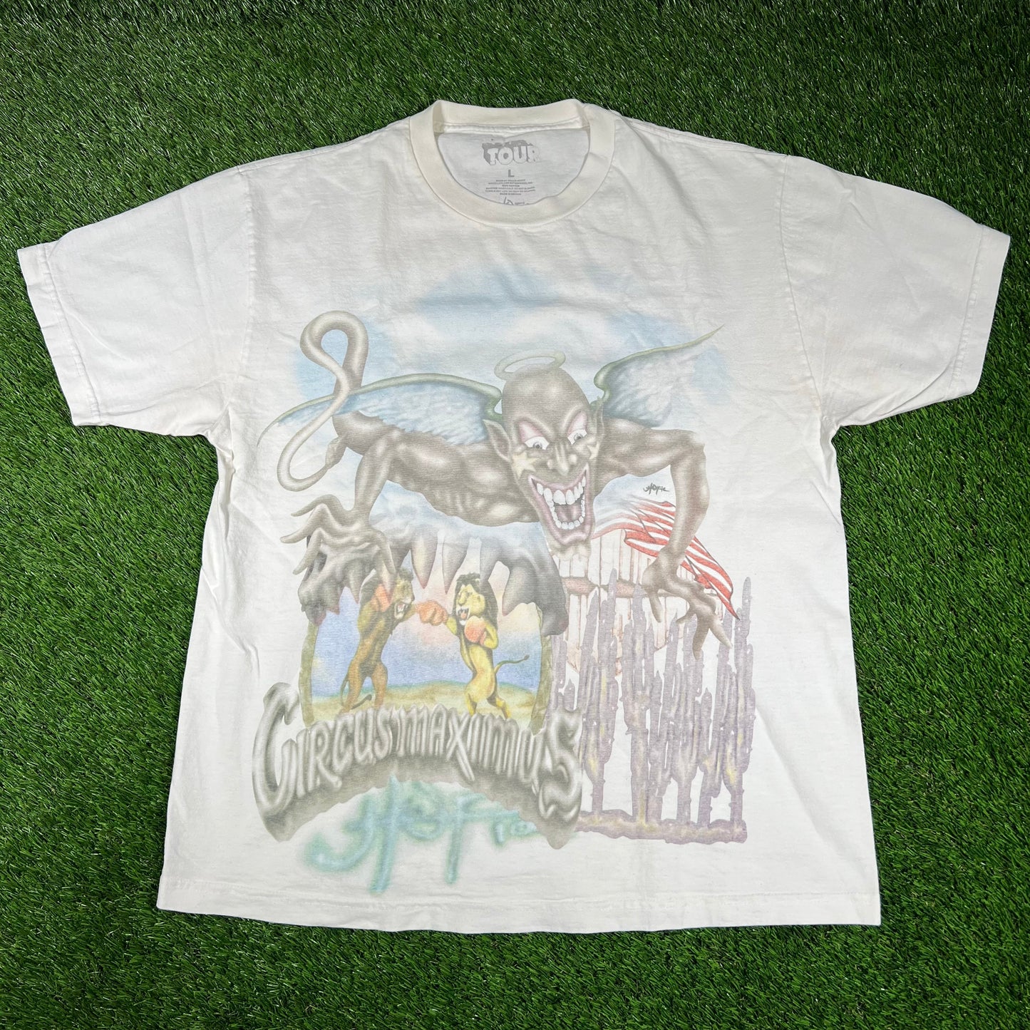 Travis Scott Circus Maximus White Strongman Tee Size Large USED x14493
