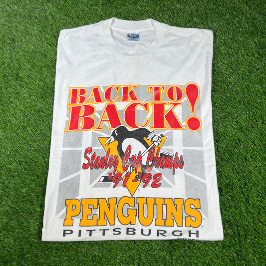 1992 Penguins Stanley Cup Champs White Tee Size XL USED v16675