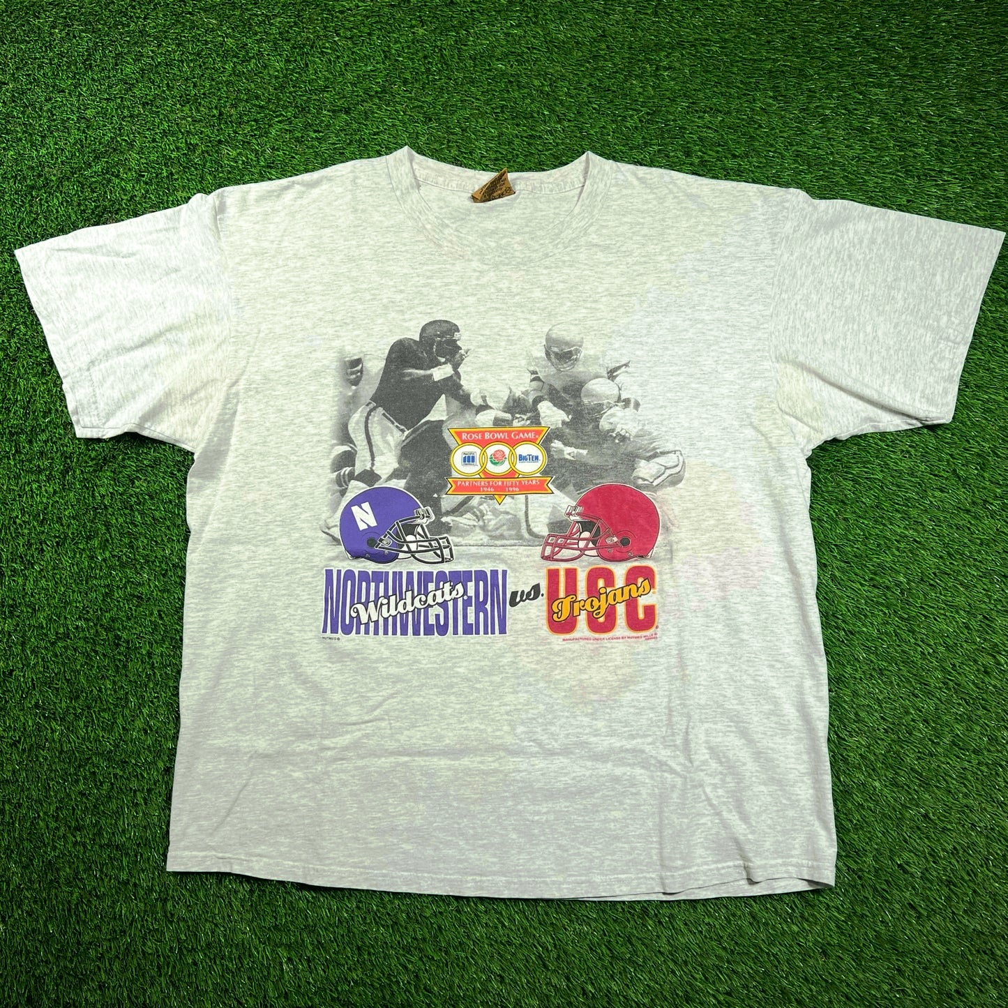 1996 Rose Bowl Game North Western WildCats vs USC Trojans Grey Tee Size XL USED v18486