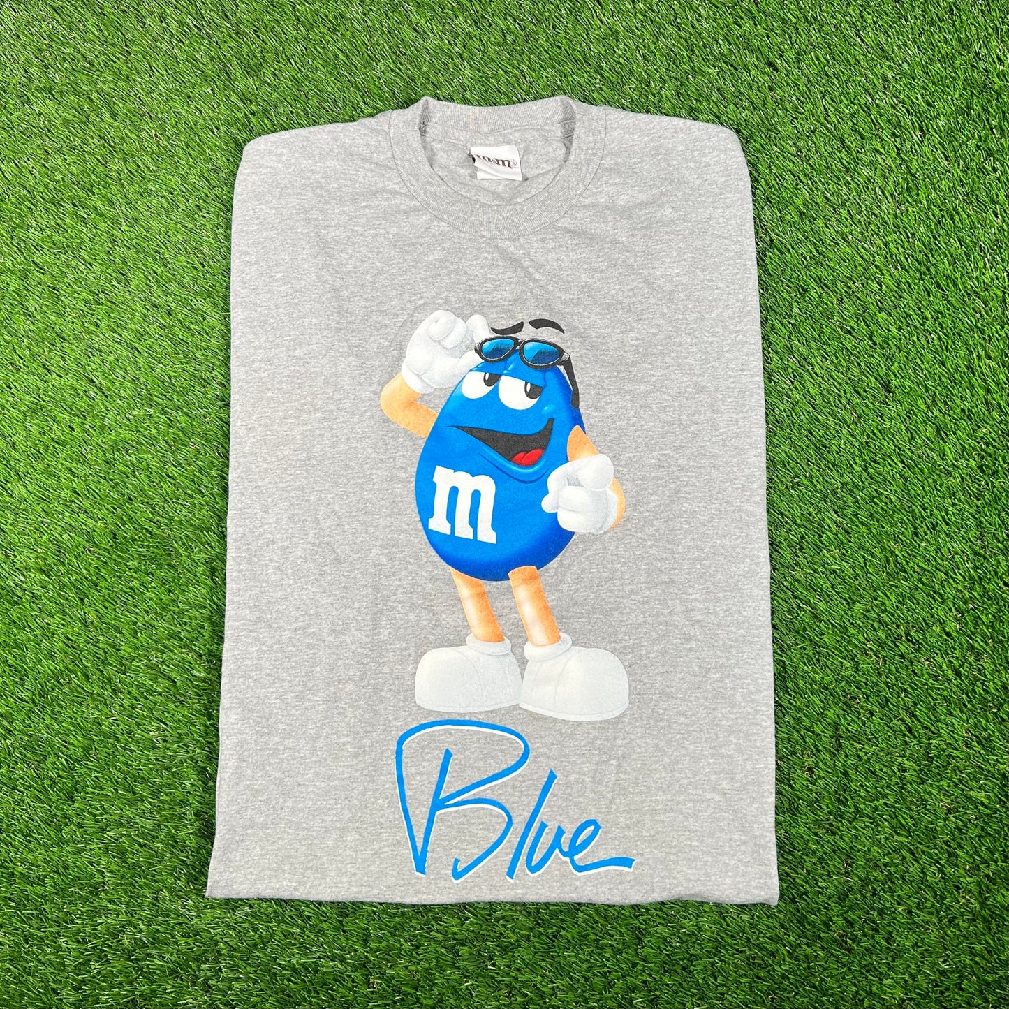 Y2K M&M Blue Grey Tee Size XL USED v17515