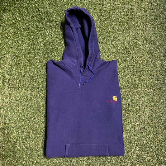1990s Carhartt Logo Hoodie Navy Blue Size XL USED v9262