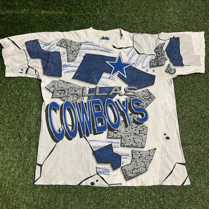 1995 Dallas Cowboys All Out Fan Tag AOP White Tee Size Medium USED v16313