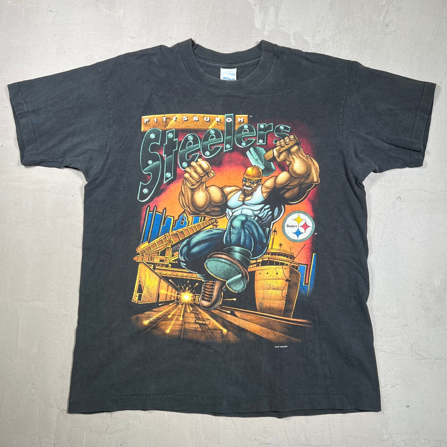 1994 Pittsburgh Steelers Steel Worker Black Tee Size Large USED v19246